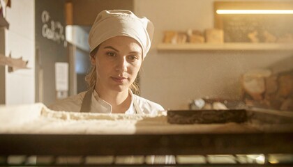 A baker preparing fresh dough with confidence, soft light framing the scene. The bakery setting adds warmth to the picture.