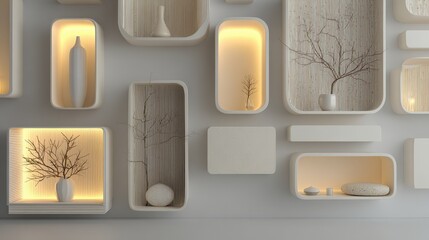 Modern wall art features recessed niches with vases, stones, and minimalistic tree branches highlighted by soft, warm lighting for a stylish, serene decor.