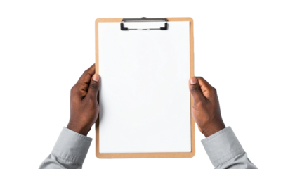An Afro-American holding an empty clipboard, ready to fill it with important information. His hands are focused, with a nice sleeve shirt on his arm.