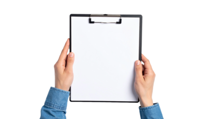 Hands holding a clipboard with blank white paper. Perfect for showcasing your designs or text.