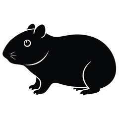 Pure black design of a small hamster in side view, chubby body with tiny paws and rounded ears, isolated on white background. 