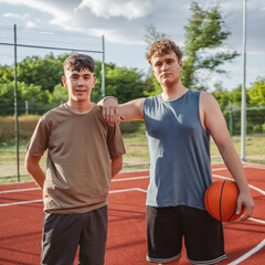 Friends basketball teenage players stand on the court with ball