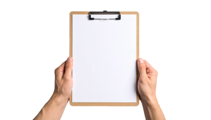 Two hands holding a clipboard with a blank sheet of paper. The clipboard is light brown, and the paper is white.