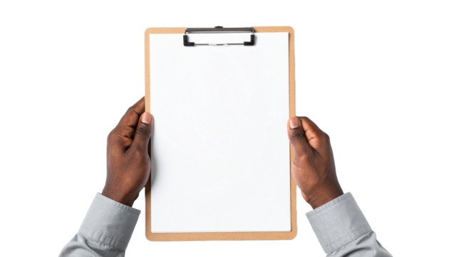 An Afro-American holding an empty clipboard, ready to fill it with important information. His hands are focused, with a nice sleeve shirt on his arm.