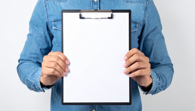 A person holding a blank clipboard, ready to receive input