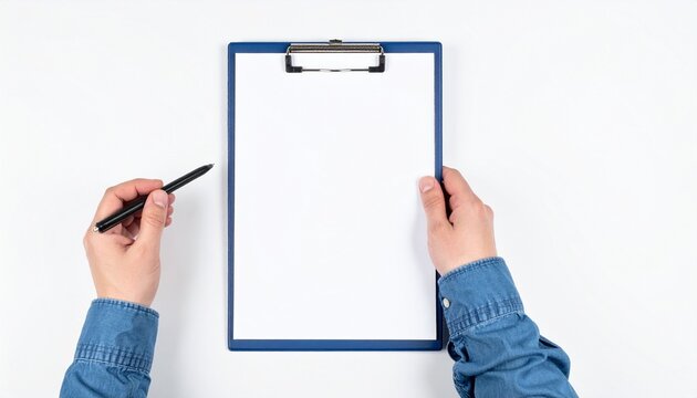 A pair of hands holding a clipboard with a blank sheet of paper and a pen.  The hands are wearing a denim shirt