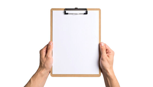 Two hands holding a clipboard with a blank sheet of paper. The clipboard is light brown, and the paper is white.