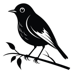 Obraz premium Pure black design of a small songbird perched on a branch, side view with rounded body, pointed beak, and upright tail, isolated on white background.