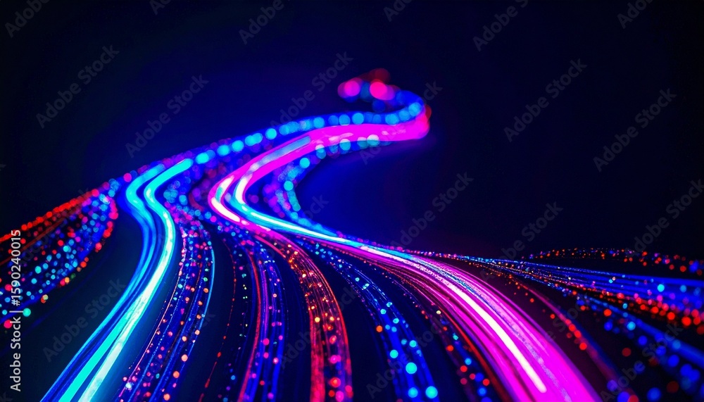 Poster abstract digital lines of light stream across a dark background, representing technology, data trans