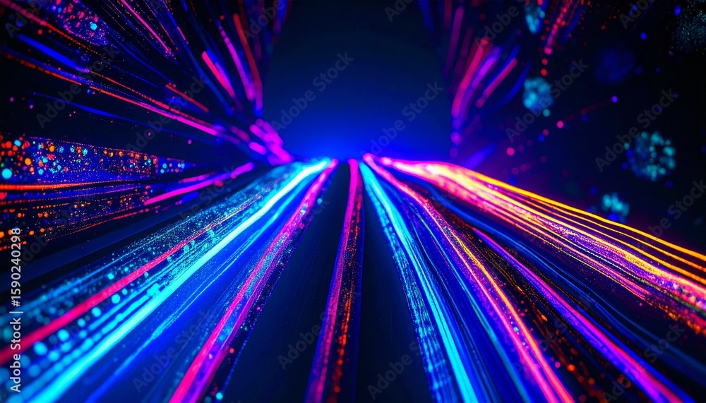 Poster abstract light trails representing technology, data, and speed, forming a dynamic visual experience.
