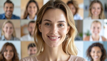 Fototapeta premium A cheerful blonde woman smiles in the center, with others' faces forming a grid background, promoting the concept of community