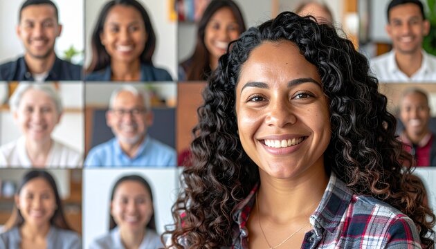 A diverse group of individuals smiling during an online meeting, with a woman in the foreground with a warm smile. The scene is friendly and welcoming.