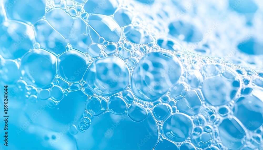 Poster close-up of bubbly bubbles in blue color, creating an interesting texture and a sense of cleanliness