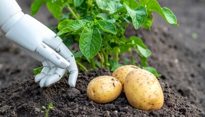 A robotic hand interacting with potatoes in a garden