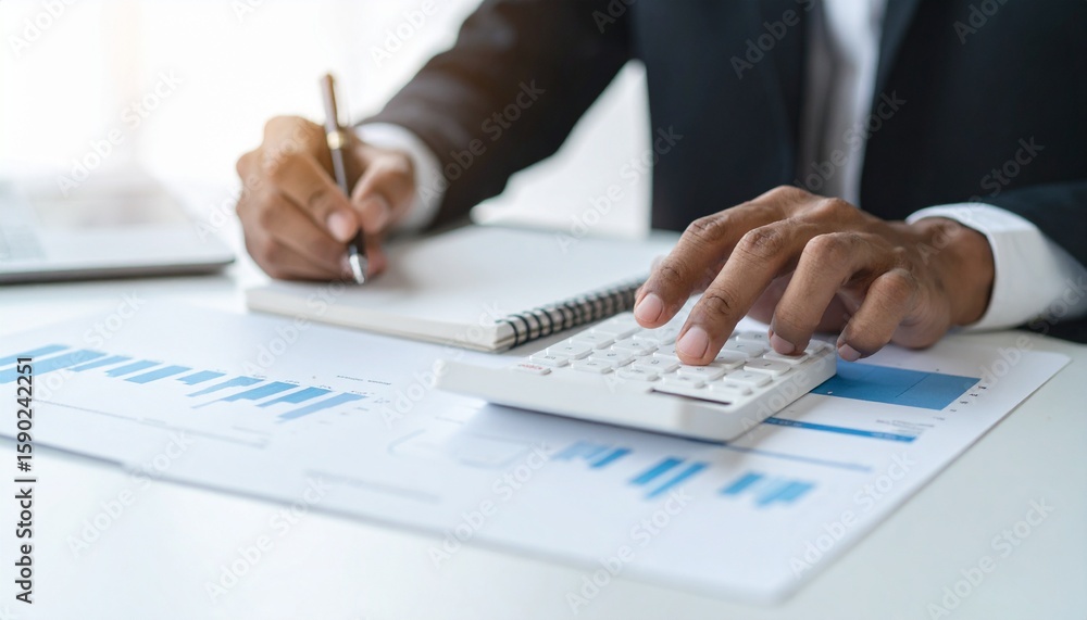 Poster businessperson calculating figures using calculator and notepad. financial analysis concept.