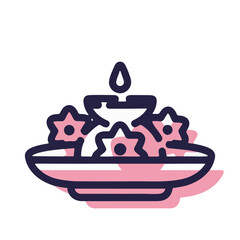 Minimalistic vector of aarti plate with flowers, incense, and diya, pastel garnet shadow on white background, spirituality and wellness concept.