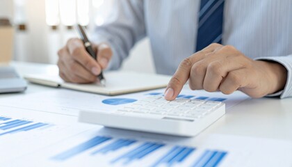 Businessperson at work, using calculator to calculate numbers, with pen and paper