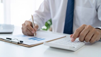Fototapeta premium A businessman reviewing financial data with a calculator and a pen