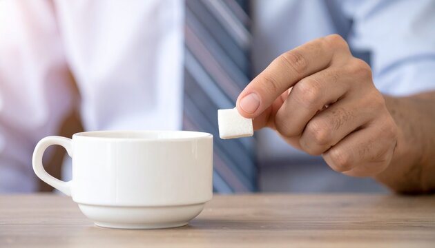 A person adds sugar to a cup of coffee, a tranquil moment of morning ritual. The image exudes a sense of calmness and simplicity