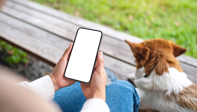 Woman holding smartphone with blank screen and dog in blurred background 