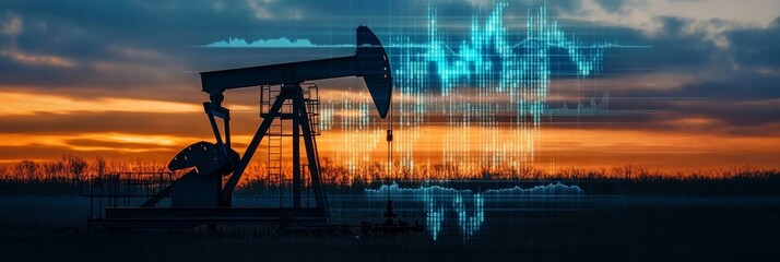 Silhouette of an Oil Pump with Financial Graphs Overlaying on a Soft Orange and Blue Background