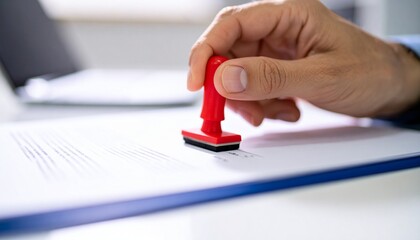 An individual hand stamps official documents