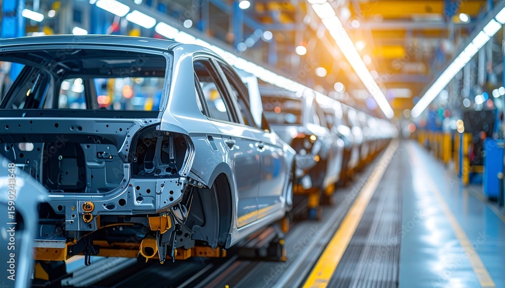 Poster a captivating scene of car production, where unfinished car bodies progress along an assembly line. 