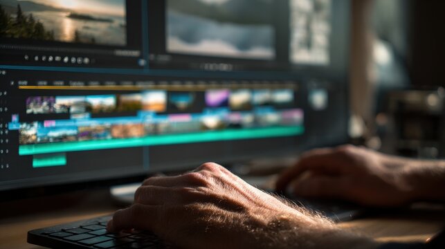 A close-up of hands editing a video on a computer, focusing on the timeline and preview screen in a dimly lit room.