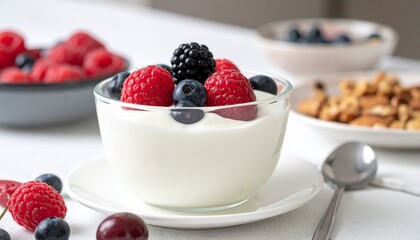 A delicious yogurt parfait with fresh berries and nuts