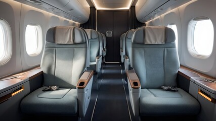 Photorealistic empty airplane cabin: well-lit, modern design. Rows of comfortable seats with headrests/armrests, bathed in soft natural/ambient light. Clean, spacious interior.