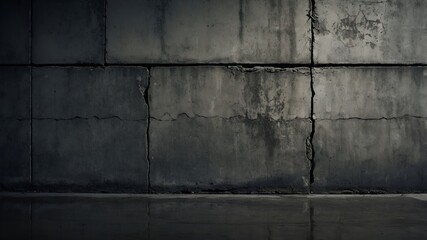 Fototapeta premium Rough concrete wall texture: dark gray, cracks, pores. Gritty industrial look, side light, shadows. 4K urban background.