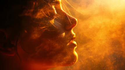 Close-up of a person surrounded by a bright golden aura radiating warmth