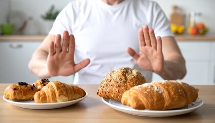 A person refusing baked goods in front of him on a wooden table. He is in the kitchen with two plates in front of him