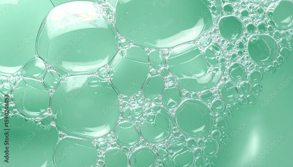 Poster close-up view of soap bubbles in water, showcasing their transparency, different sizes and shapes