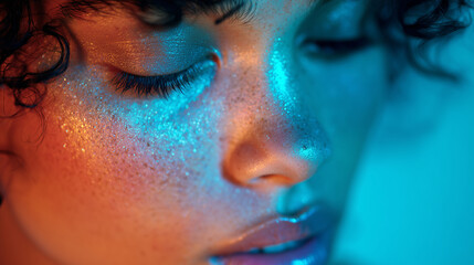 Close-up of a calm person with a soft blue aura glowing gently