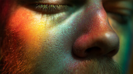 Close-up of a person with a rainbow aura blending multiple colors