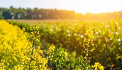 Obraz premium Golden field of rapeseed flowers in full bloom under the bright sunshine. The yellow flowers create a picturesque landscape under a sunny day