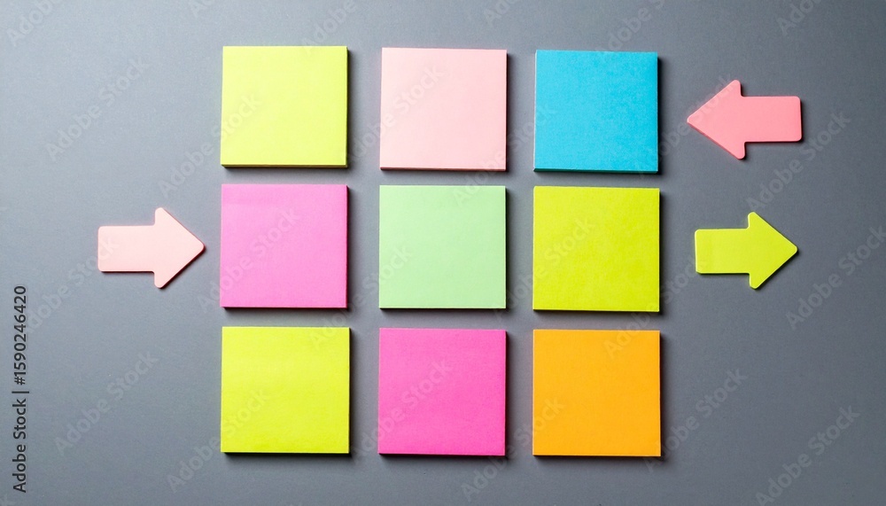 Poster colorful sticky notes and arrows pointing towards them. a representation of organizing information a