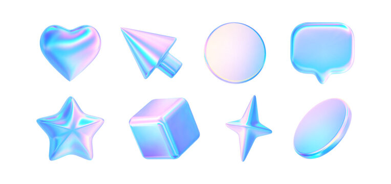 3d glass element with holographic neon effect. Render iridescent star, coin, heart, arrow update, cursor, speech bubble, cube icon. Y2k neon shape isolates. Vector tech ui illustration