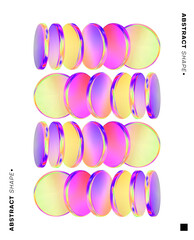 3d glass futuristic poster. Circle holographic gradient shape on white background. Geometric technology abstract disk pattern. Pink yellow iridescent glass round element. Vector render illustration