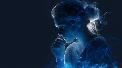 a dark blue aura wrapping around a thoughtful person