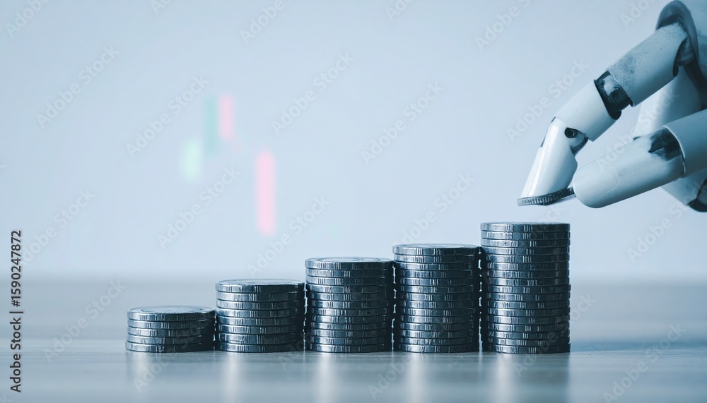 Aufkleber robotic hand adding a coin to a stack of money, depicting financial growth. the image signifies inve