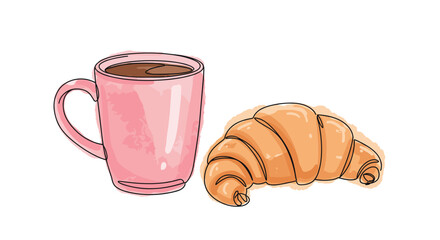 Croissant and pink coffee mug - one line doodle drawing with watercolor fill, minimalistic vector illustration on white background