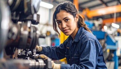 An image of a woman in a workshop with large machinery, embodying skill and dedication. The woman is focused on her work, suggesting professionalism and expertise.