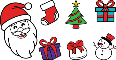 Christmas Cartoon Icon Set  Flat Vector Collection with Bold Outlines