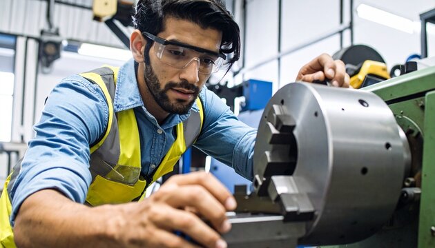 Focused male engineer operating a lathe machine in a factory. He is wearing safety glasses and a high-visibility vest.