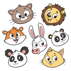 Cute Cartoon Animal Faces Cat Lion Hamster Rabbit and Panda Illustration