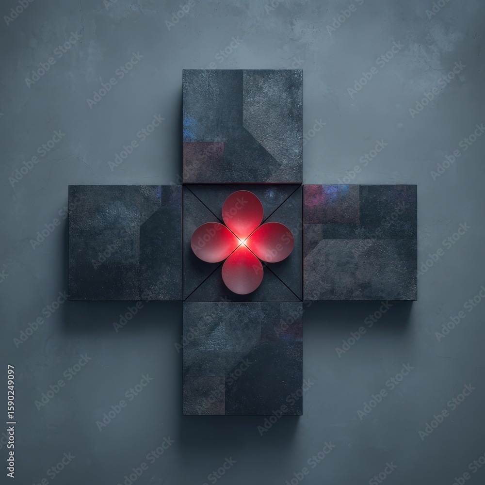 Poster a dark metallic cross-shaped structure with a glowing red geometric flower at its center on a textur