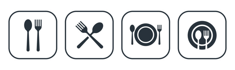 Plate, Fork and spoon icon vector set. Dinner dish or plate with spoon and fork symbol for apps and web