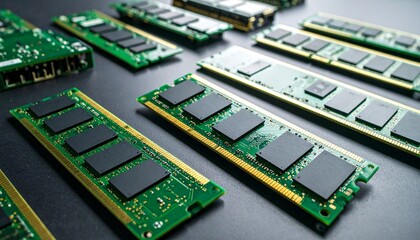 Obraz premium A collection of RAM modules arranged on a dark surface, symbolizing technology and data storage. The green circuit boards with their black integrated circuits create an image of modernity